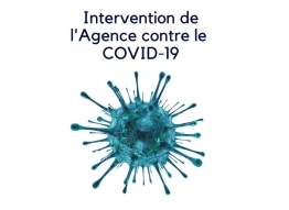 Image of a virus with the text: Intervention de l'Agence contre le Covid-19