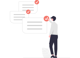 Illustration of man standing in front of floating boxes with check marks